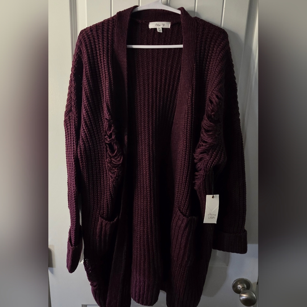 Active USA Distressed Oversized Cardigan Eggplant Purple Size M/L NWT ♥️